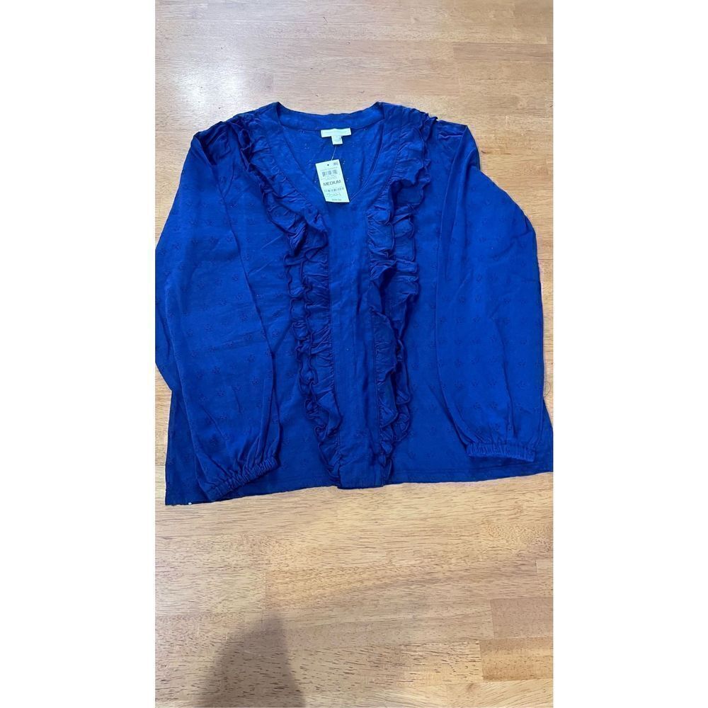 Charter Club Womens Ruffled Eyelet Knit Top Intrepid Blue Size Medium NWT P1-224